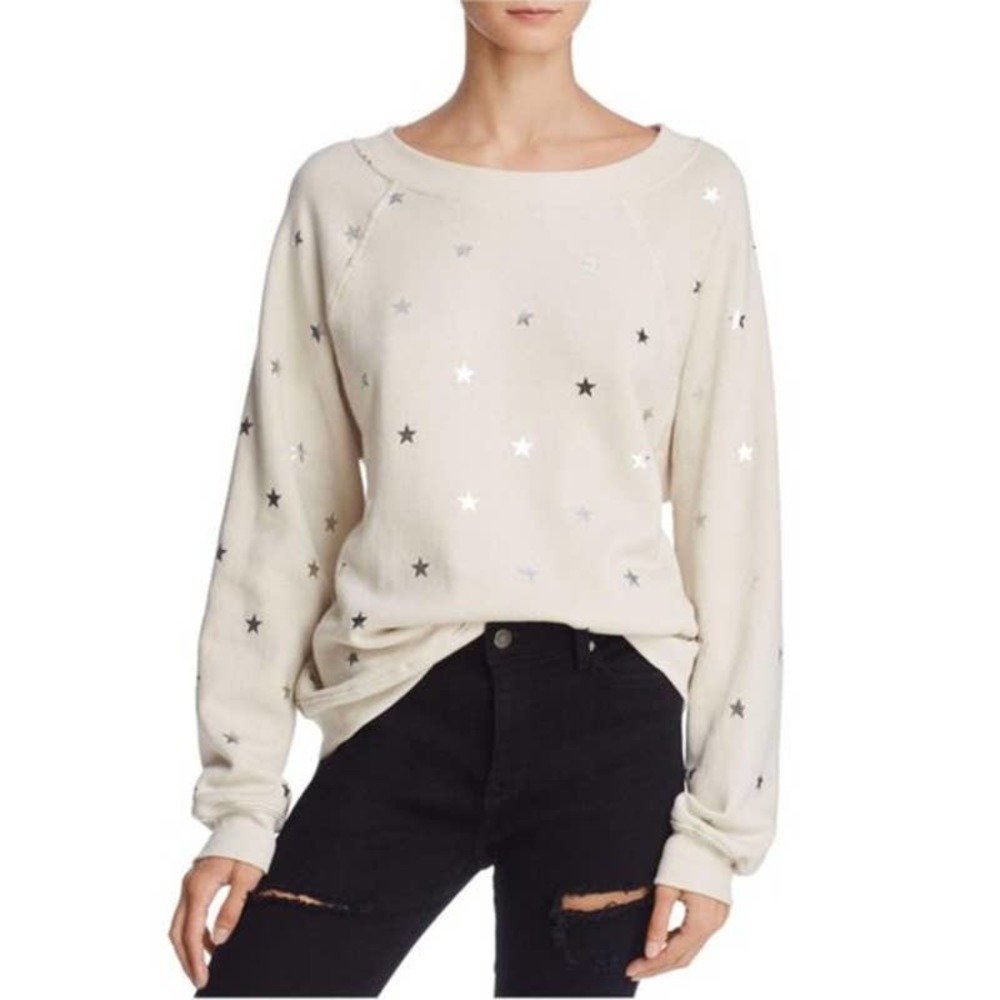 Wildfox Beige Twinkle Foil Star LS Crew Sweater